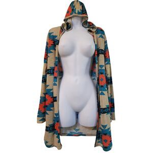 Moa Moa Womens Open Front Hooded Duster Cardigan Size M Jrs Aztec Lightweight